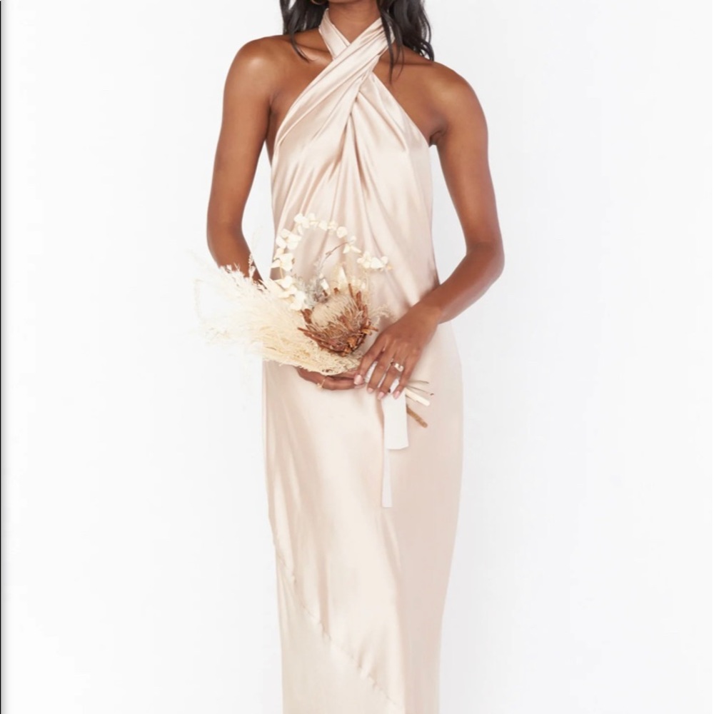 Show Me Your Mumu Jasmine Halter Maxi Dress Champagne Luxe Satin